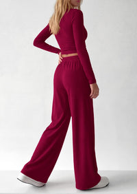 PRETTYGARDEN Women's 2 Piece Lounge Sets Matching Clothing  | V Neck Long Sleeve , Wide Leg Pants Pockets, Airport Travel Outfits, Soft Ribbed Knit, Drawstring Waist, Fall Resort Wear
