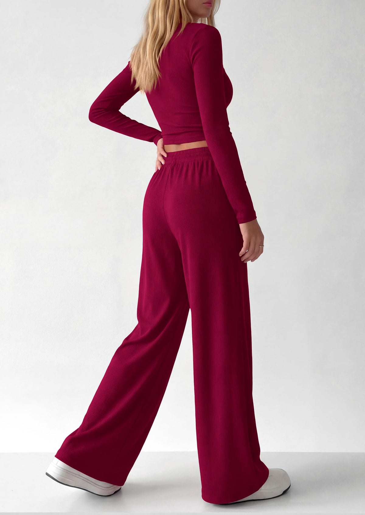 PRETTYGARDEN Women's 2 Piece Lounge Sets Matching Clothing  | V Neck Long Sleeve , Wide Leg Pants Pockets, Airport Travel Outfits, Soft Ribbed Knit, Drawstring Waist, Fall Resort Wear
