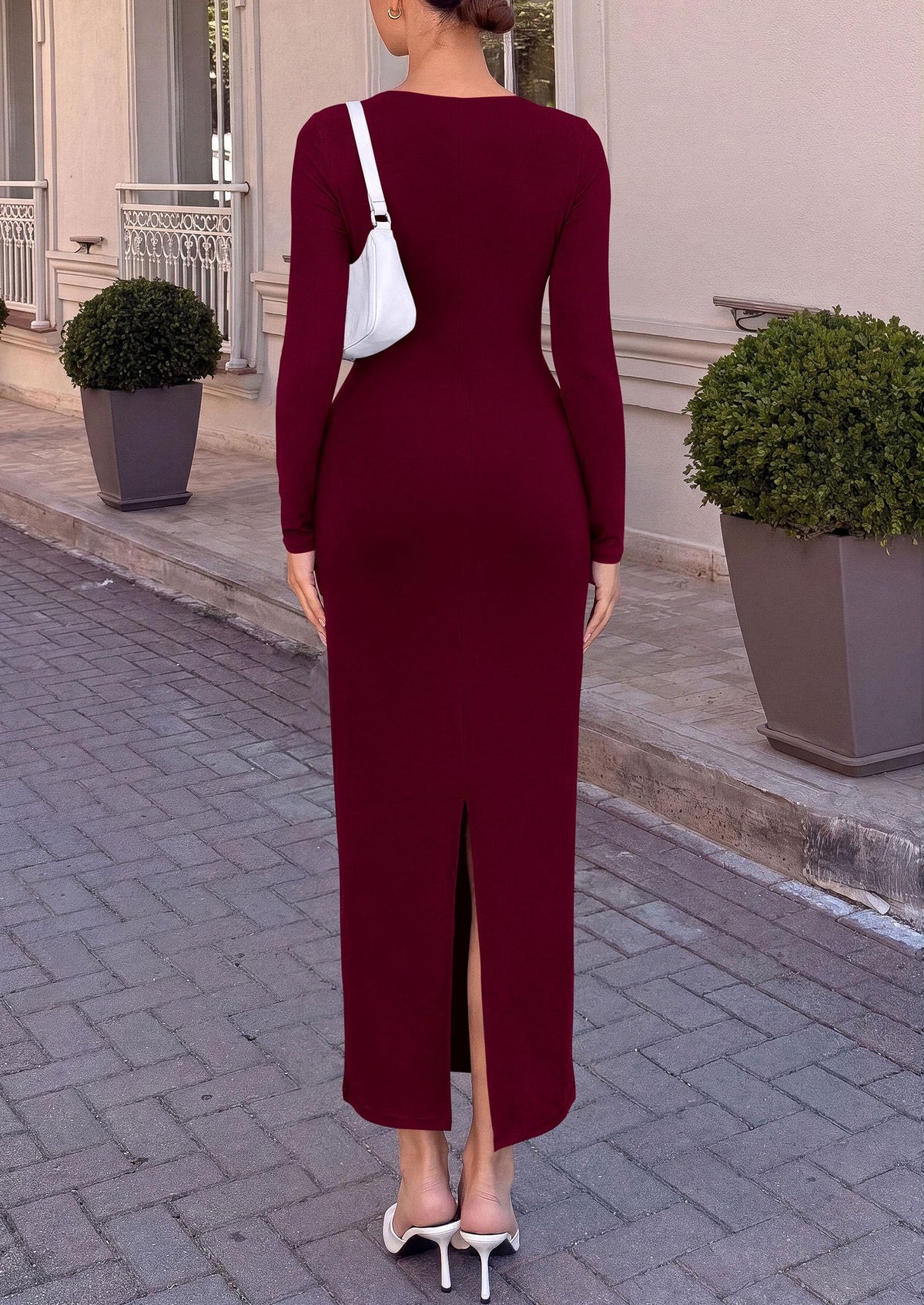 PRETTYGARDEN Women's Long Sleeve Ruched Bodycon Maxi Dress | Wedding Guest Dresses, Twist Knot Waist, Back Slit, Slim Fitted, Formal Wear, Cocktail Holiday Party, Date Night Fall Outfits
