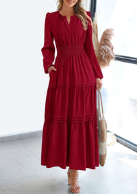 PRETTYGARDEN Women's Elegant Maxi Dresses Long Sleeve V Neck Flowy Pockets Casual Modest Dress Fall Fashion Clothes