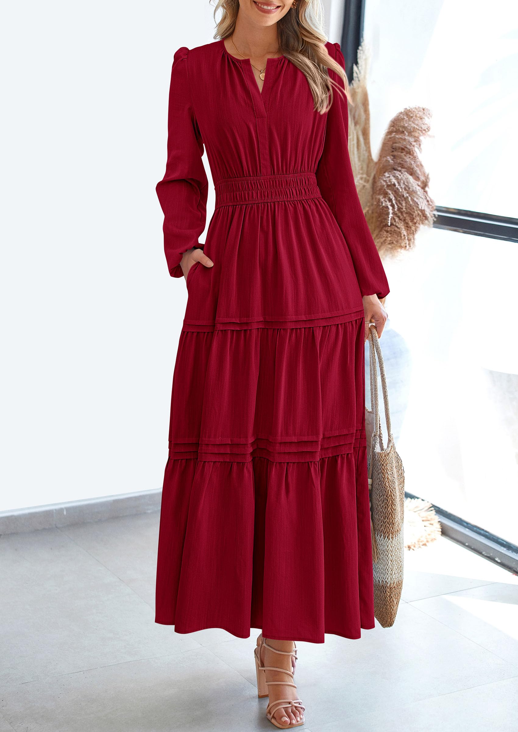 PRETTYGARDEN Women's Elegant Maxi Dresses Long Sleeve V Neck Flowy Pockets Casual Modest Dress Fall Fashion Clothes