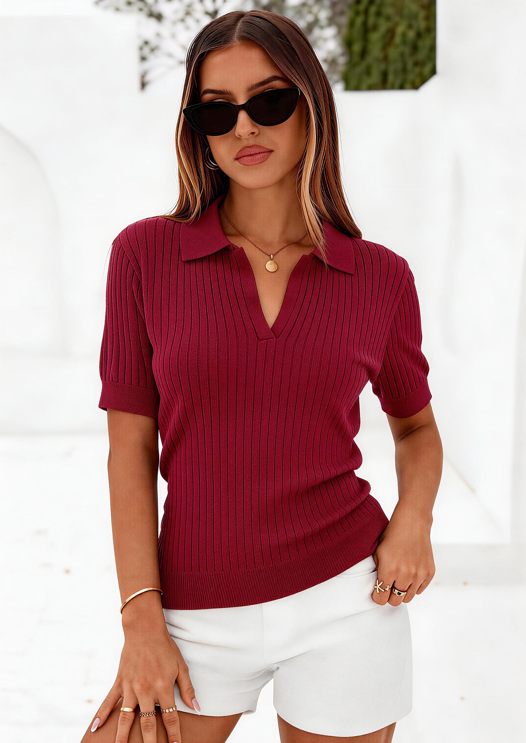 PRETTYGARDEN Women's Short Sleeve Sweater Spring Polo Shirts Ribbed Knit V Neck Business Casual Tops Summer Work Clothes