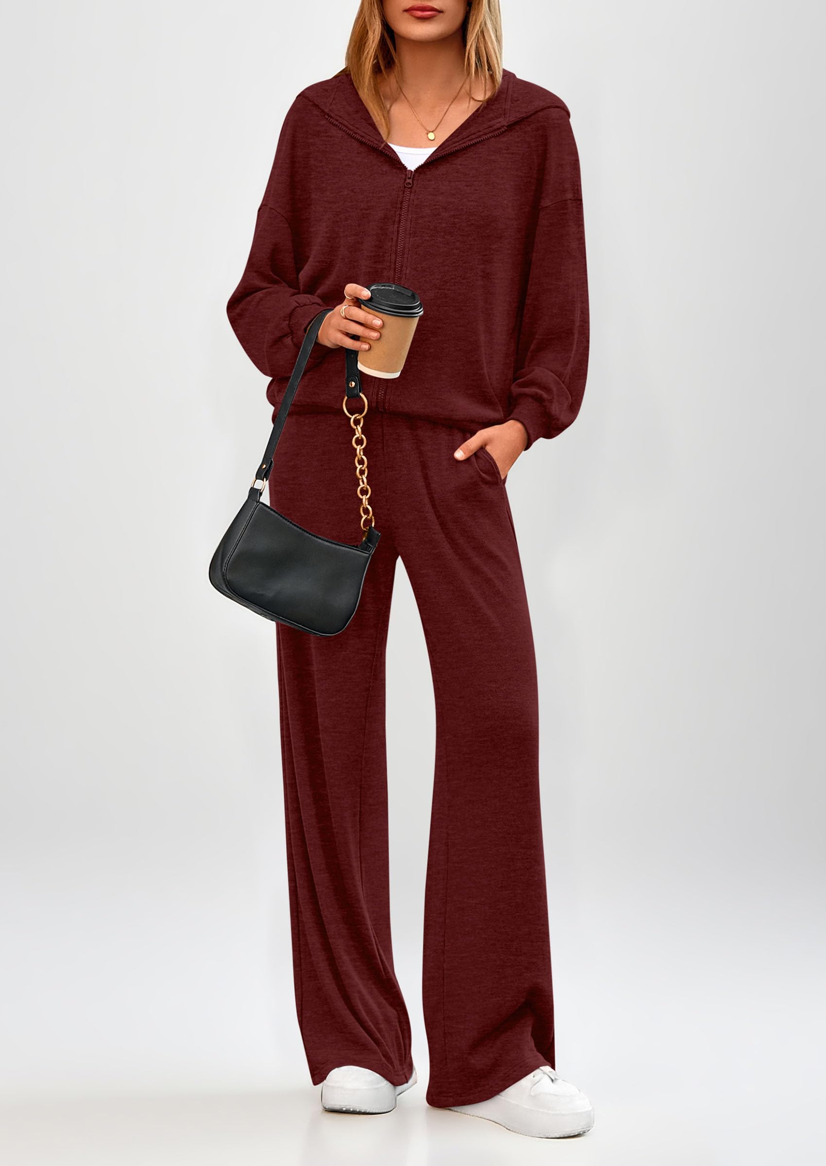 PRETTYGARDEN Women's 2 Piece Fall Lounge Sets Zip Up Hoodie Wide Leg Pants Tracksuit Matching Travel Outfits Clothes