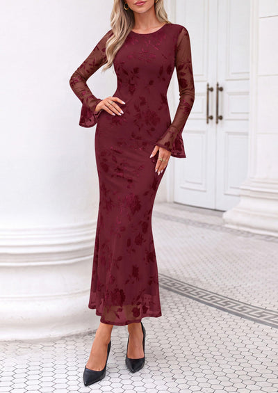 PRETTYGARDEN Women's Long Sleeve Maxi Floral Mesh Fall Wedding Guest Dress