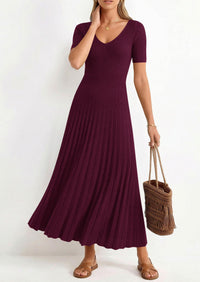 PRETTYGARDEN Women's Spring Midi Sweater Dresses Elegant Pleated Ribbed Knit Short Sleeve V Neck A Line Summer Outfits PRETTYGARDEN