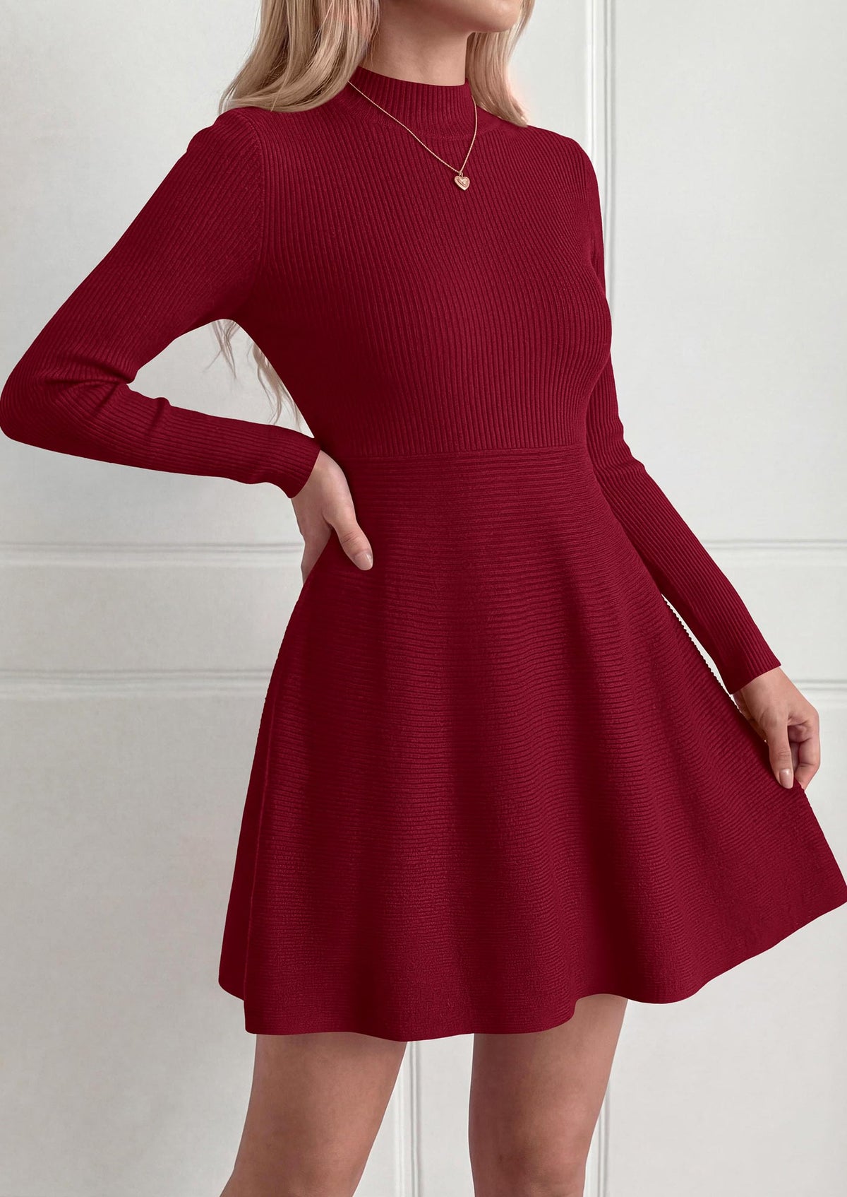 PRETTYGARDEN Womens Mock Neck Long Sleeve Sweater Mini Dress | Soft Ribbed Knit Flared A‑Line, Elegant Fall Winter Dresses for Wedding Guest, Cocktail & Holiday Party Casual Outfits