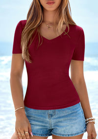 PRETTYGARDEN Women Spring Tops Trendy Ribbed Short Sleeve V Neck Fitted Basic Tee Shirts Casual Going Out Summer Outfits PRETTYGARDEN