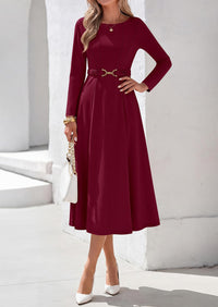 PRETTYGARDEN Women's Fall Long Sleeve Semi Formal Midi Dresses with Pockets Boat Neck, Metal Buckle Tie Waist, Flowy A Line, Elegant Classy Wedding Guest Cocktail Party Dress, Business Casual Outfits