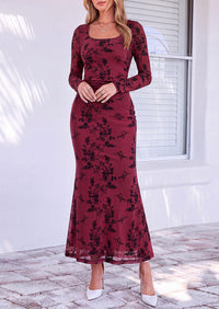 PRETTYGARDEN Women's Long Sleeve Floral Maxi Bodycon Dress  Cocktail Dresses for Wedding Guest, Square Neck, Stretchy Mesh, Elegant Classy, Formal Holiday Party, Fall Date Night Outfits