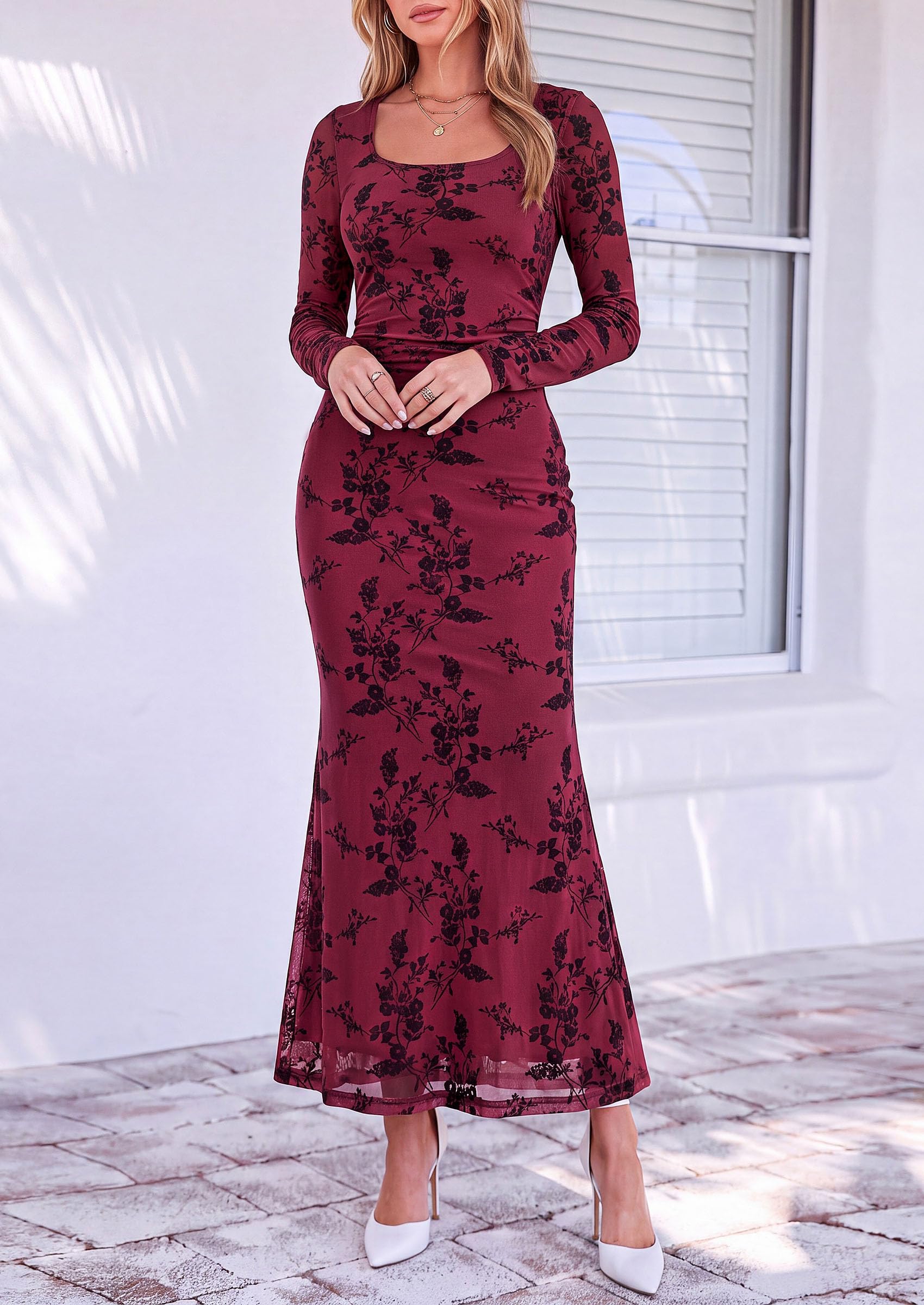 PRETTYGARDEN Women's Long Sleeve Floral Maxi Bodycon Dress  Cocktail Dresses for Wedding Guest, Square Neck, Stretchy Mesh, Elegant Classy, Formal Holiday Party, Fall Date Night Outfits