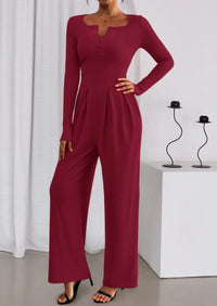 PRETTYGARDEN Jumpsuits for Women Dressy Casual Fall One Piece Outfits Long Sleeve Crew Neck Wide Leg Pants Rompers