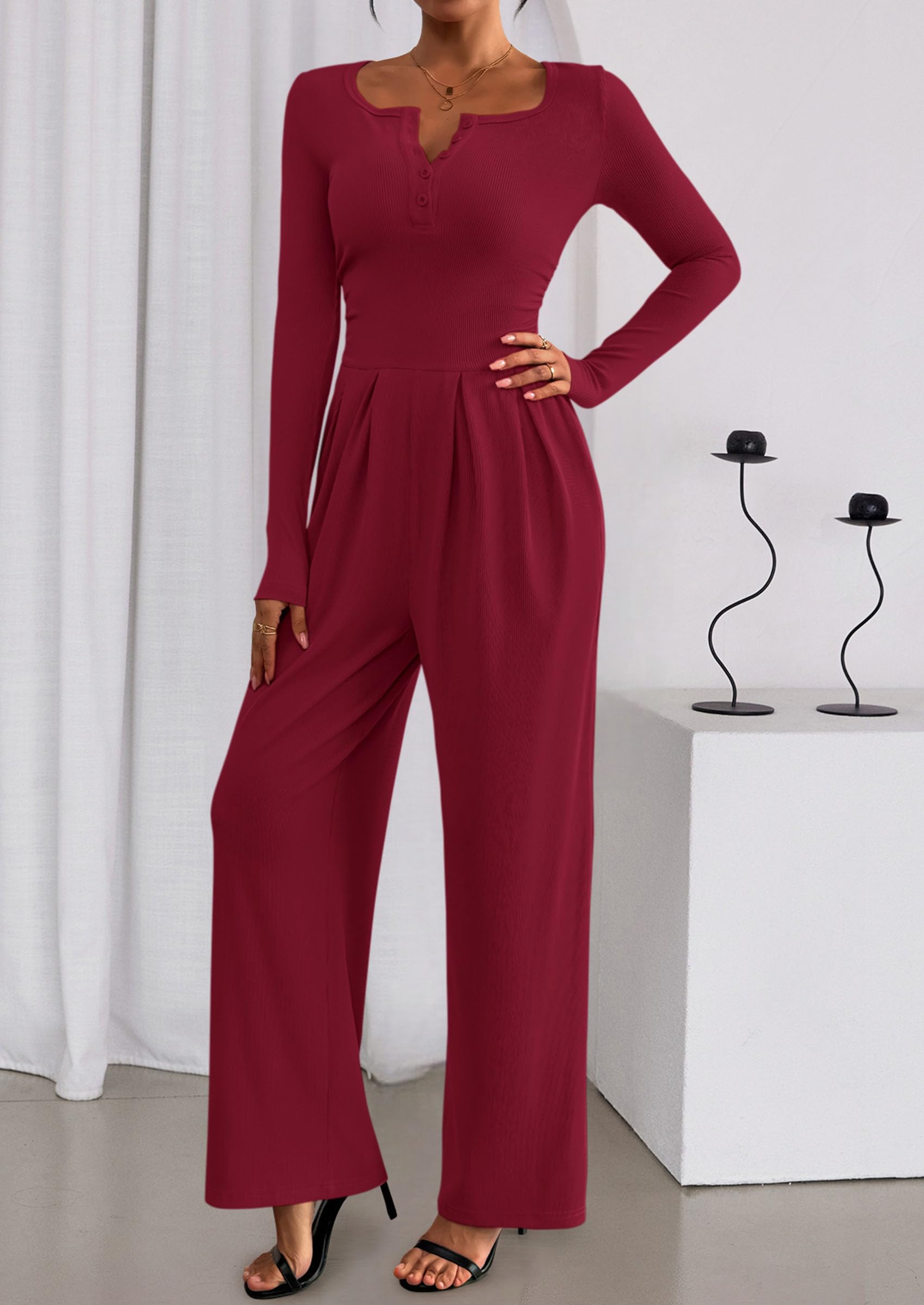PRETTYGARDEN Jumpsuits for Women Dressy Casual Fall One Piece Outfits Long Sleeve Crew Neck Wide Leg Pants Rompers