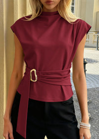 PRETTYGARDEN Women Blouses Spring Dressy Cap Sleeve Mock Neck Work Shirts Buckle Tunic Summer Business Casual Tops PRETTYGARDEN