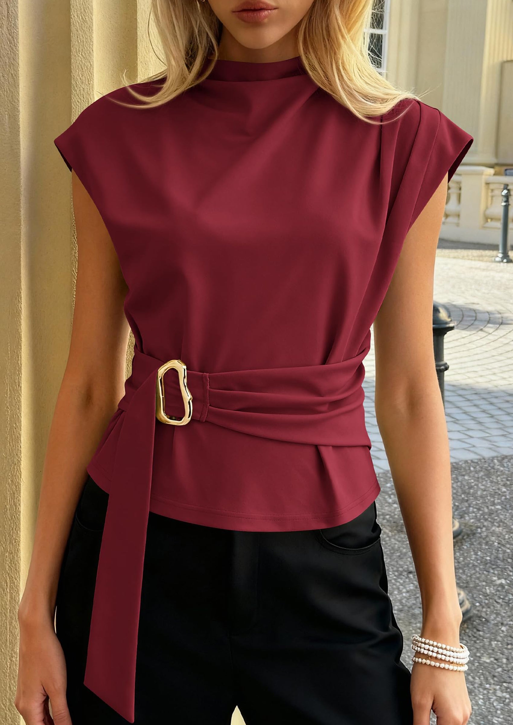 PRETTYGARDEN Women Blouses Spring Dressy Cap Sleeve Mock Neck Work Shirts Buckle Tunic Summer Business Casual Tops PRETTYGARDEN