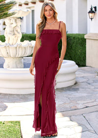 PRETTYGARDEN Women Bodycon Maxi Dress Mesh Ruffle Spaghetti Strap Square Neck Formal Cocktail Wedding Guest Spring Dresses PRETTYGARDEN