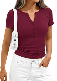 PRETTYGARDEN Womens Summer Short Sleeve Tops 2026 Spring Casual V Neck Henley Button Up T Shirts Dressy Ribbed Knit Blouses PRETTYGARDEN