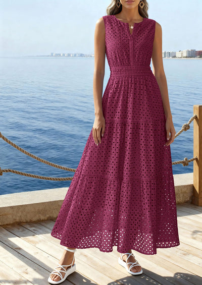 PRETTYGARDEN Summer Dresses for Women Sundresses Sleeveless V Neck Eyelet A Line Flowy Beach Vacation Spring Maxi Dress PRETTYGARDEN