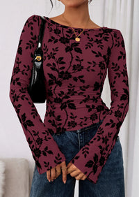 PRETTYGARDEN Women Long Sleeve Floral Mesh Tops Blouse  Fall Trendy Boat Neck Ruched Fitted Shirt Going Out Date Outfits