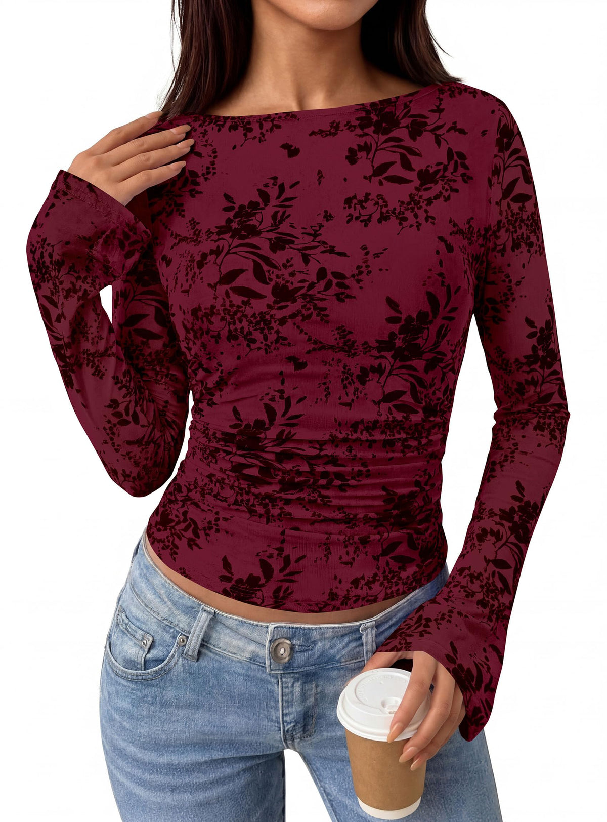 PRETTYGARDEN Women's Bell Sleeve Floral Mesh Crop Tops | Slim Fitted Shirts, Long Sleeve Going Out Top, Ruched Front, Boat Neck, Casual Blouses, Fall Date Night Outfits, Y2K Clothes