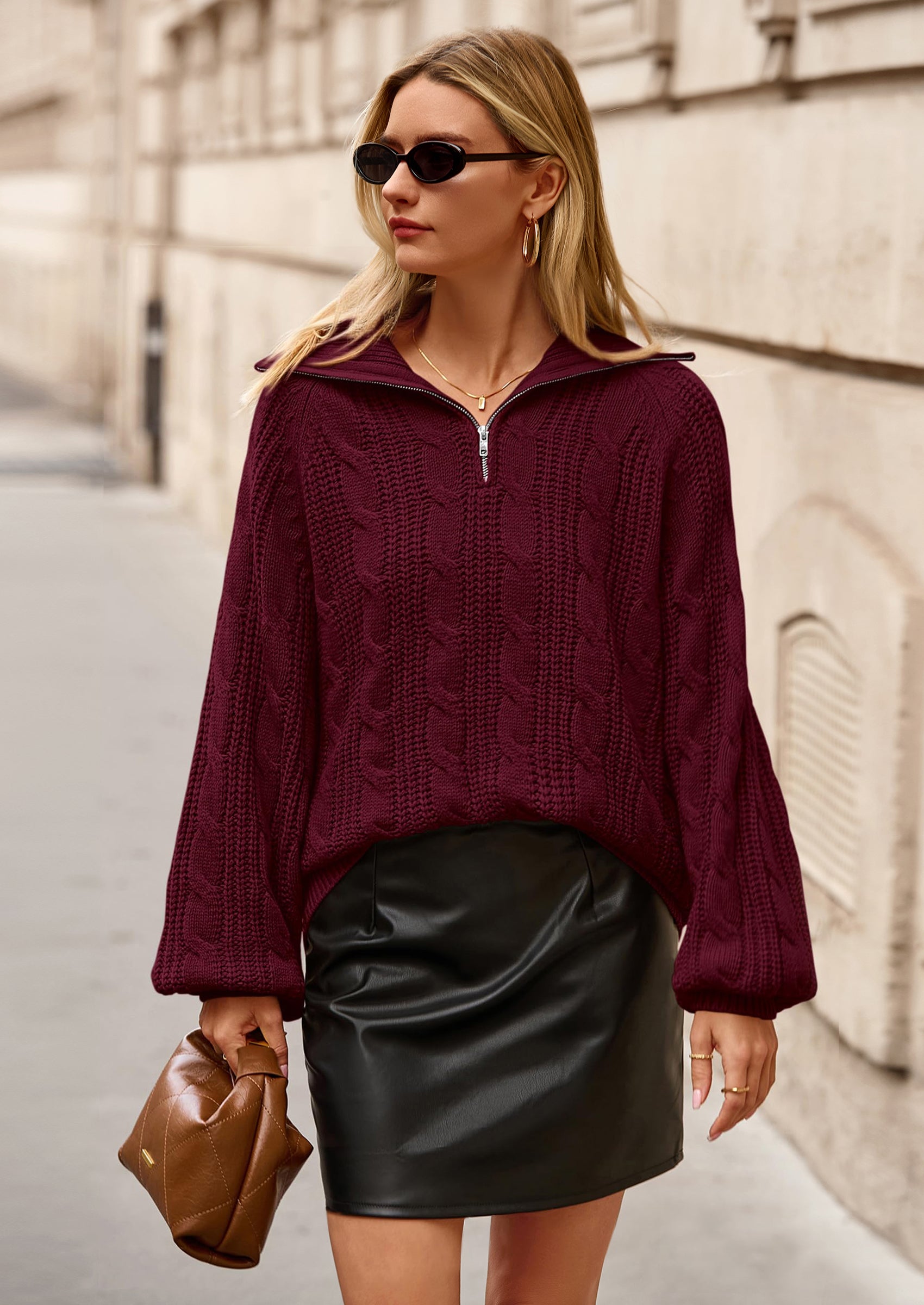 BTFBM Sweaters for Women Fall Fashion Loose Quarter Zip Pullover Collared Long Sleeve Cable Knit Winter Clothes