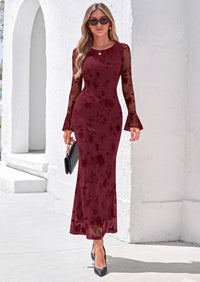 PRETTYGARDEN Women's Long Sleeve Maxi Floral Mesh Fall Wedding Guest Dress