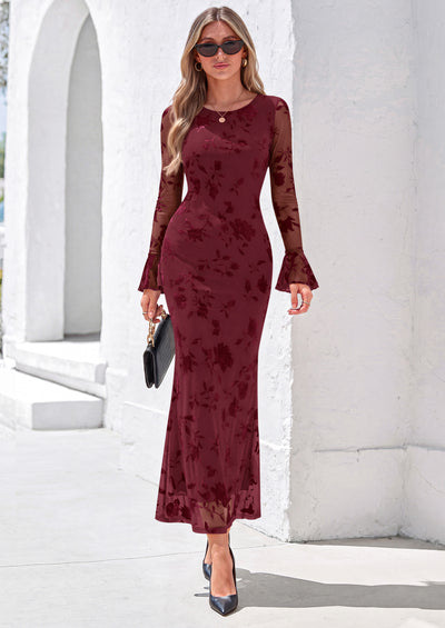 PRETTYGARDEN Women's Long Sleeve Maxi Floral Mesh Fall Wedding Guest Dress