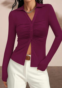 PRETTYGARDEN Womens Button Down Shirts V Neck Collared Ruched Slim Fit Long Sleeve Shirt Casual Fall Fashion Ladies Tops PRETTYGARDEN