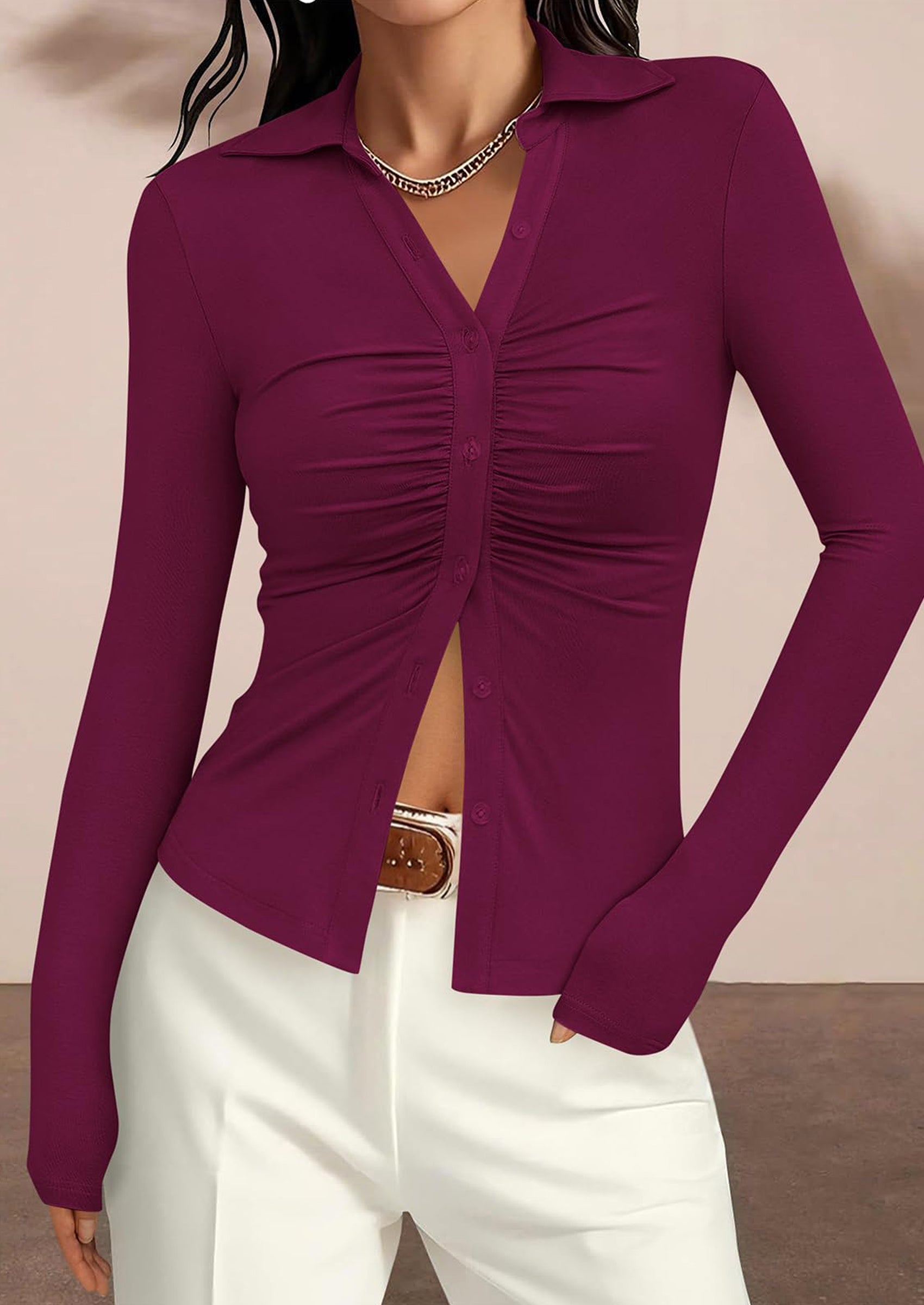 PRETTYGARDEN Womens Button Down Shirts V Neck Collared Ruched Slim Fit Long Sleeve Shirt Casual Fall Fashion Ladies Tops PRETTYGARDEN