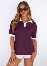 PRETTYGARDEN Summer Short Sleeve Polo Shirts for Women Collared V Neck Work Dressy Tops Knit Loose Business Casual Outfits PRETTYGARDEN