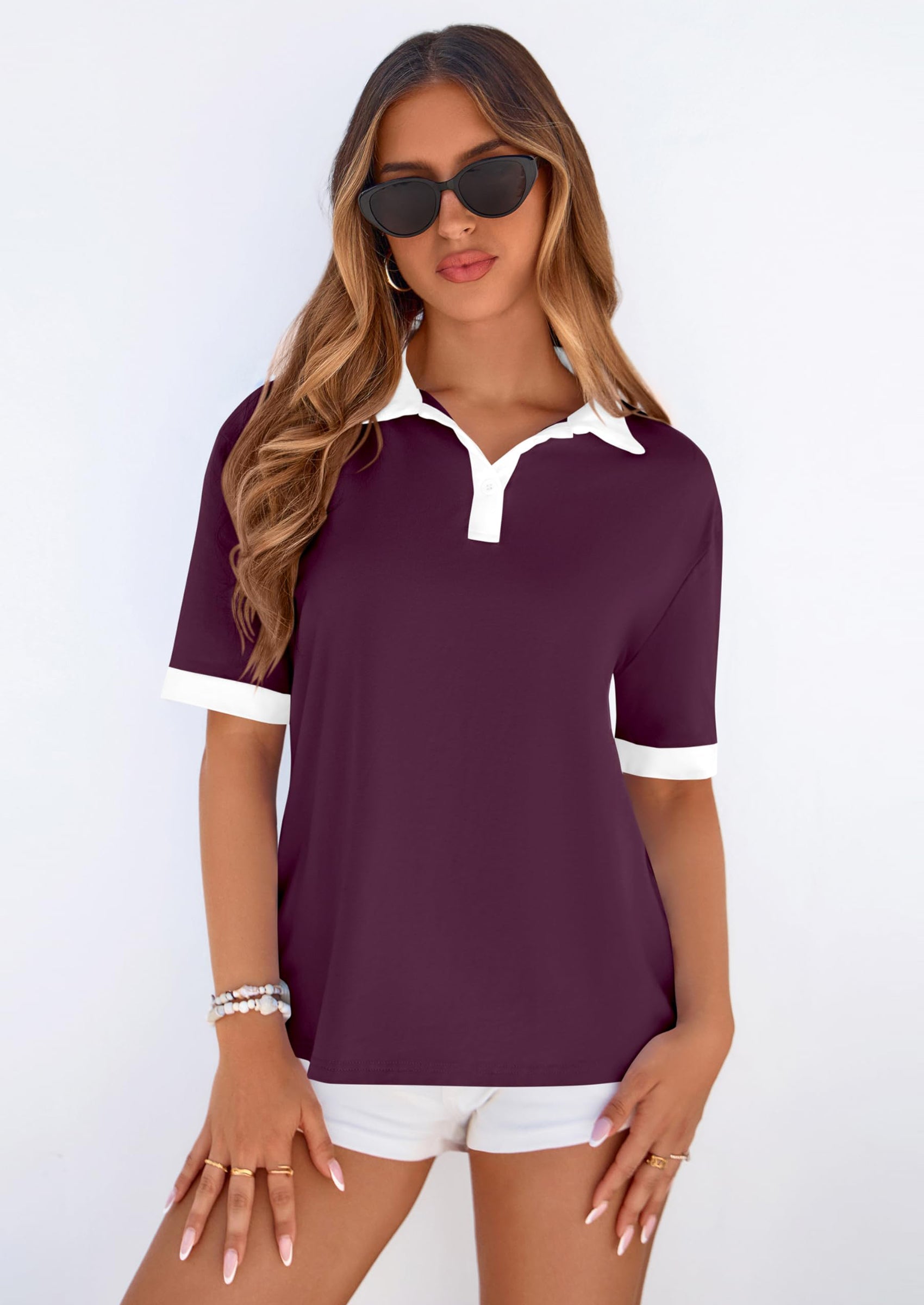 PRETTYGARDEN Summer Short Sleeve Polo Shirts for Women Collared V Neck Work Dressy Tops Knit Loose Business Casual Outfits PRETTYGARDEN