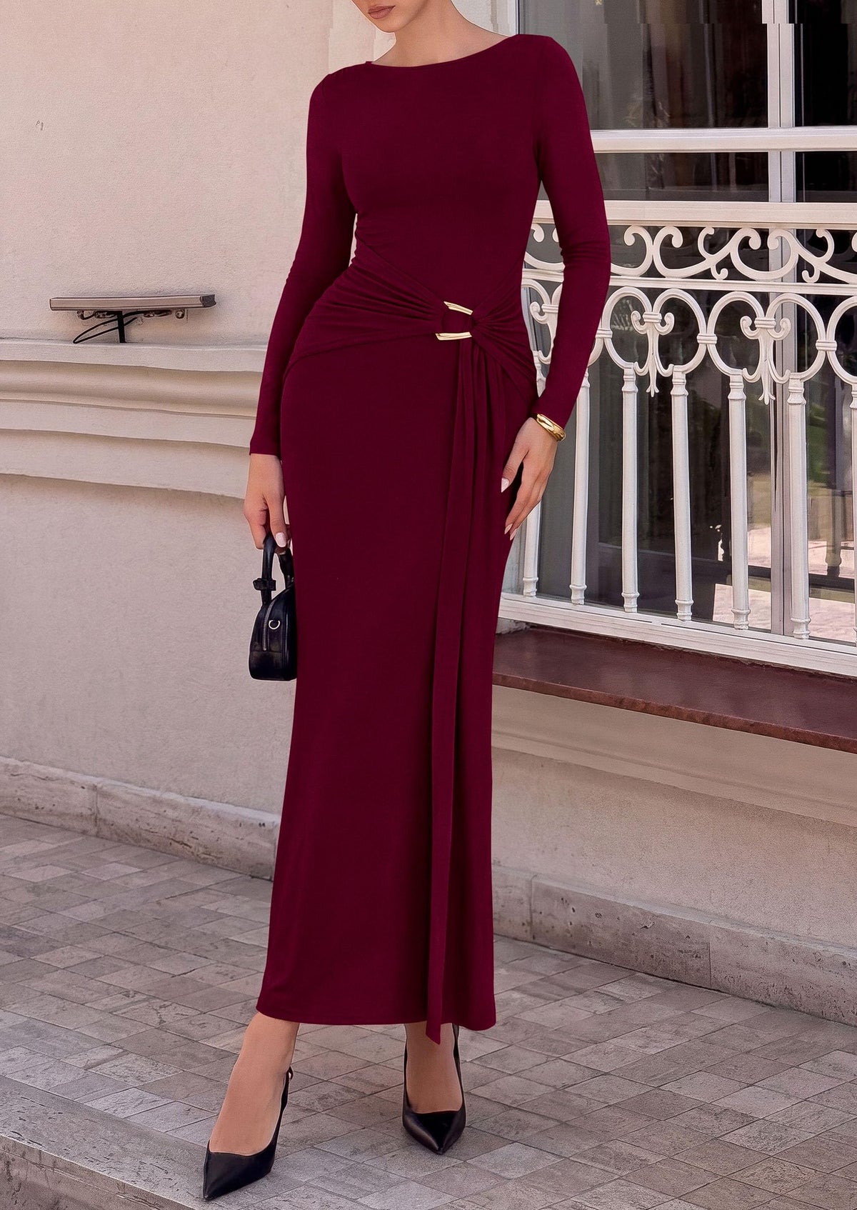 PRETTYGARDEN Women's Long Sleeve Ruched Bodycon Maxi Dress | Wedding Guest Dresses, Twist Knot Waist, Back Slit, Slim Fitted, Formal Wear, Cocktail Holiday Party, Date Night Fall Outfits