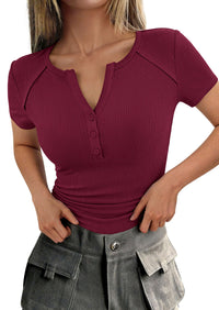 PRETTYGARDEN Womens Summer Short Sleeve Tops 2026 Spring Casual V Neck Henley Button Up T Shirts Dressy Ribbed Knit Blouses PRETTYGARDEN