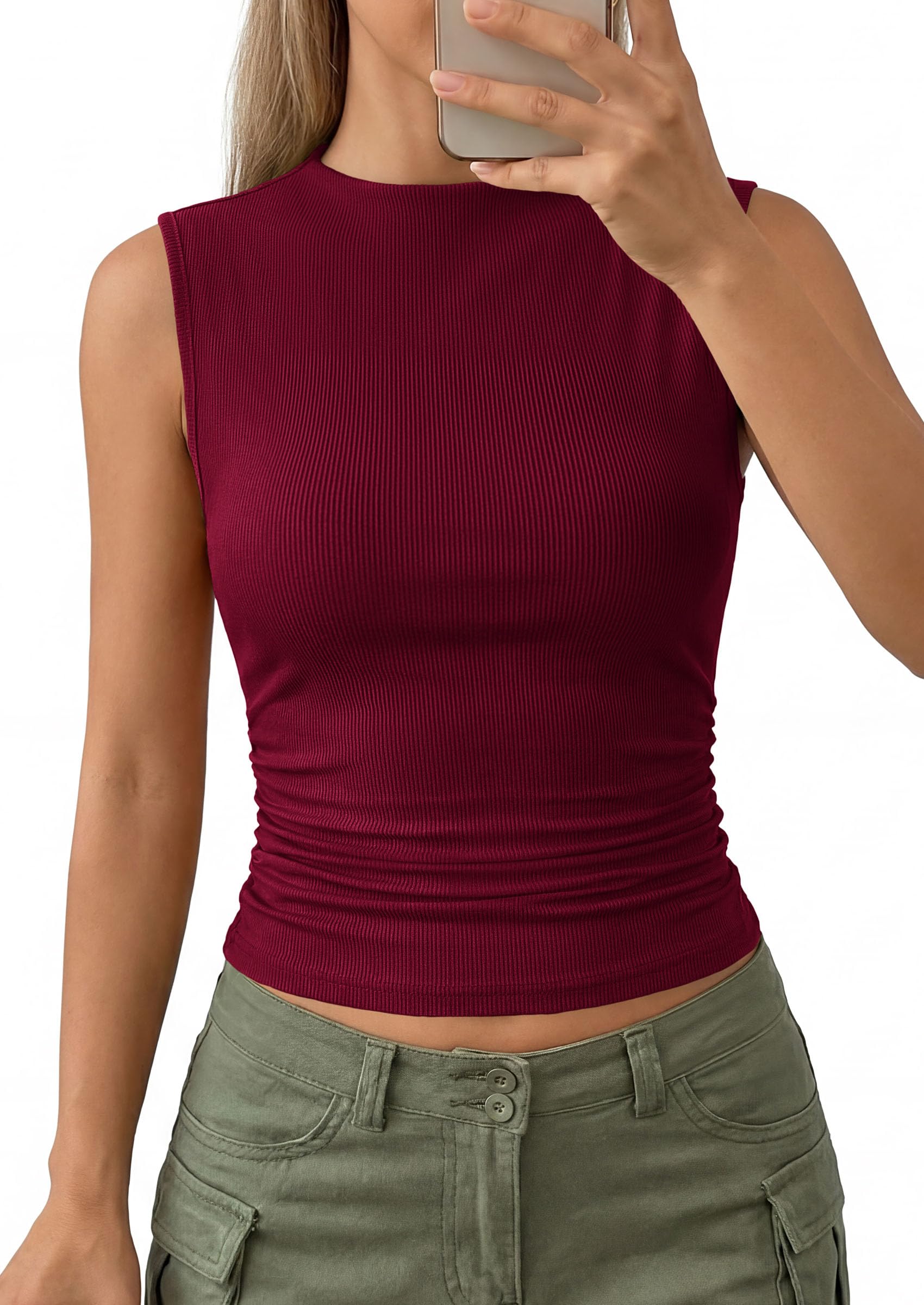 PRETTYGARDEN Tank Top for Women Summer Fashion Clothing Mock Neck Ribbed Knit Slim Fitted Shirts Going Out Tops PRETTYGARDEN