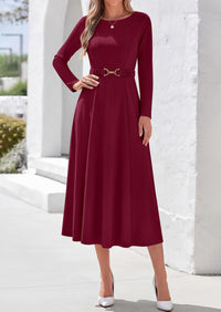 PRETTYGARDEN Women's Fall Long Sleeve Semi Formal Midi Dresses with Pockets Boat Neck, Metal Buckle Tie Waist, Flowy A Line, Elegant Classy Wedding Guest Cocktail Party Dress, Business Casual Outfits