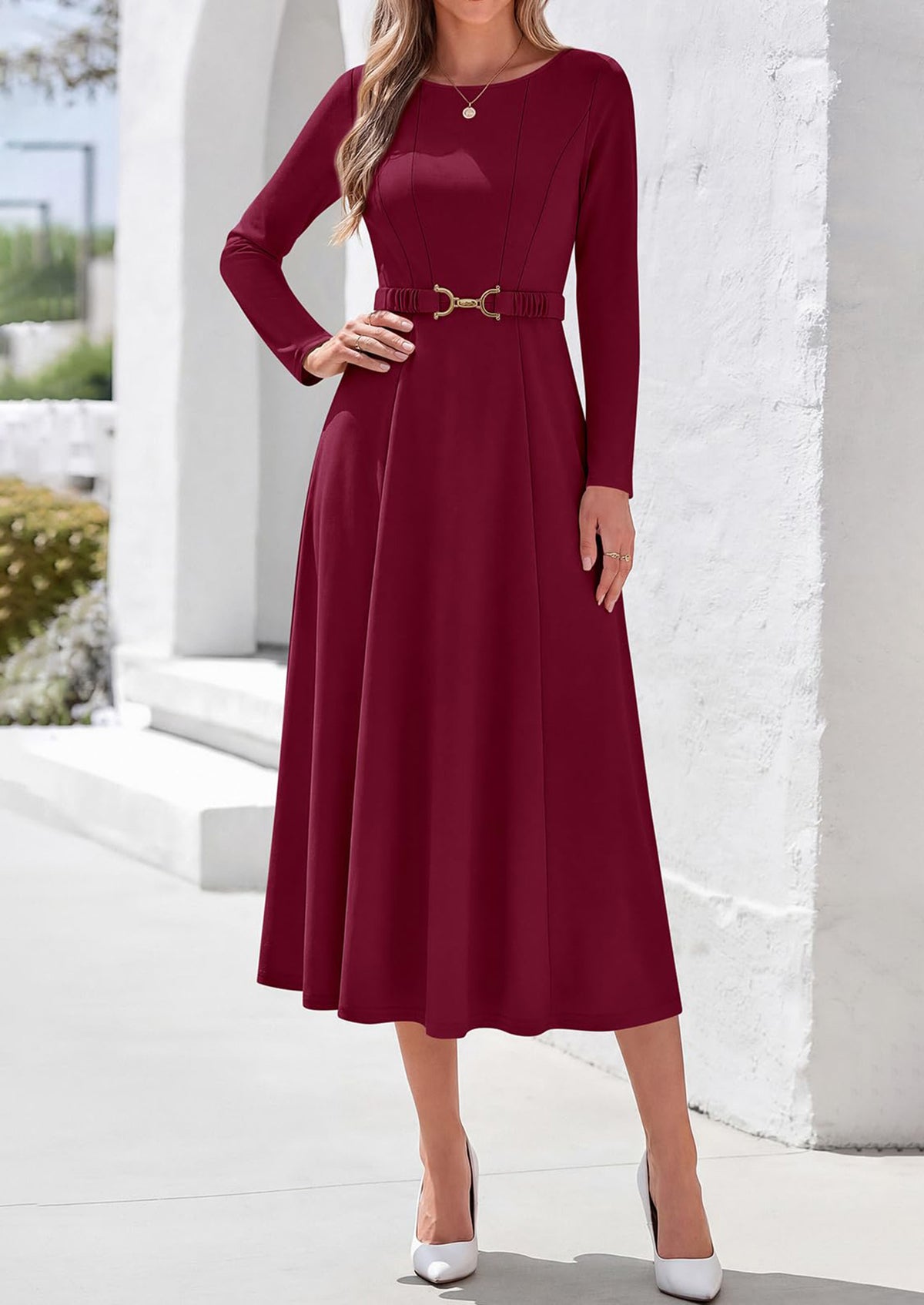 PRETTYGARDEN Women's Fall Long Sleeve Semi Formal Midi Dresses with Pockets Boat Neck, Metal Buckle Tie Waist, Flowy A Line, Elegant Classy Wedding Guest Cocktail Party Dress, Business Casual Outfits