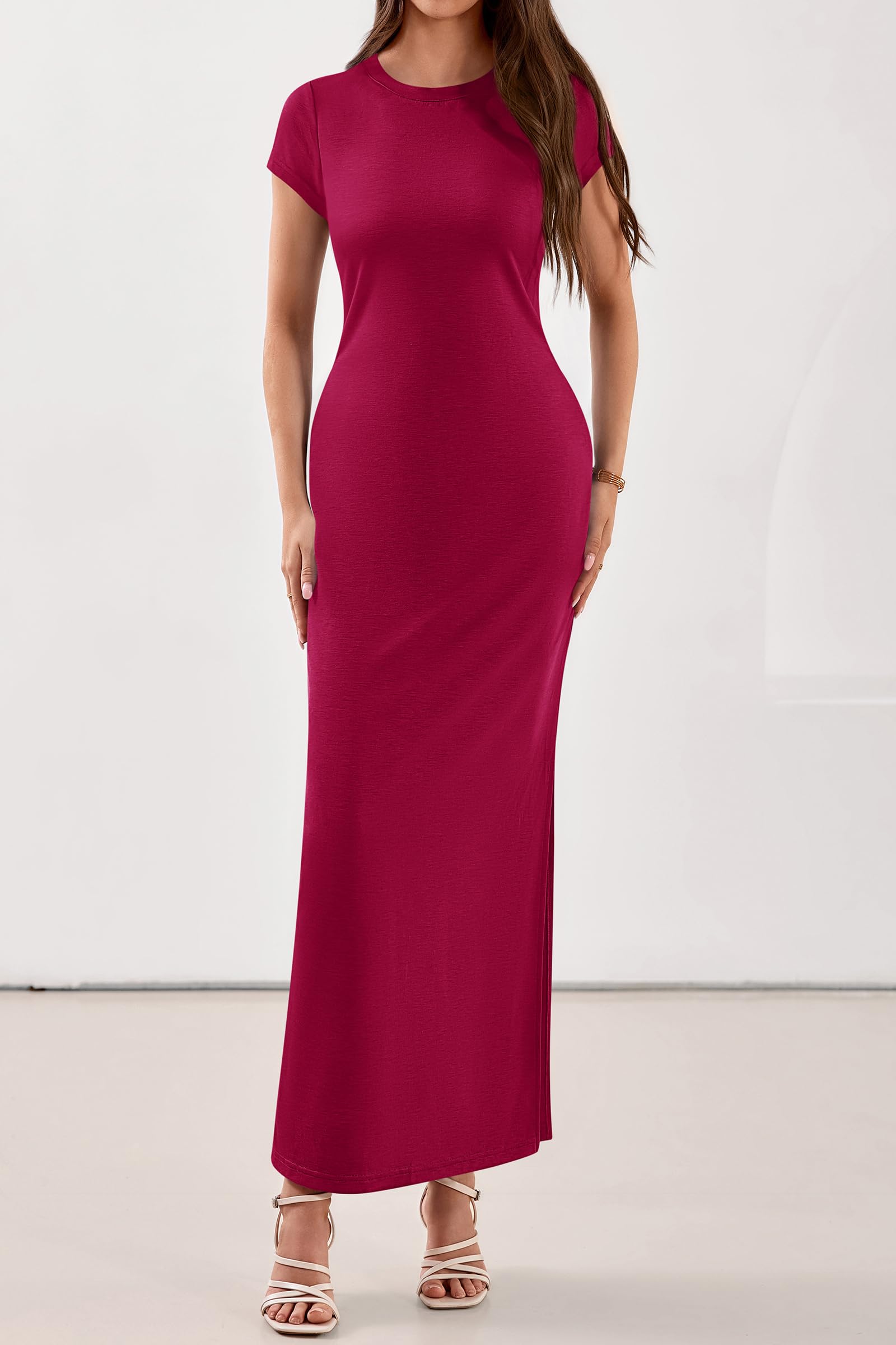 PRETTYGARDEN Womens Summer Maxi Dresses Casual Short Sleeve Crewneck Knit Slit T Shirt Dress Spring Long Beach Sundress PRETTYGARDEN