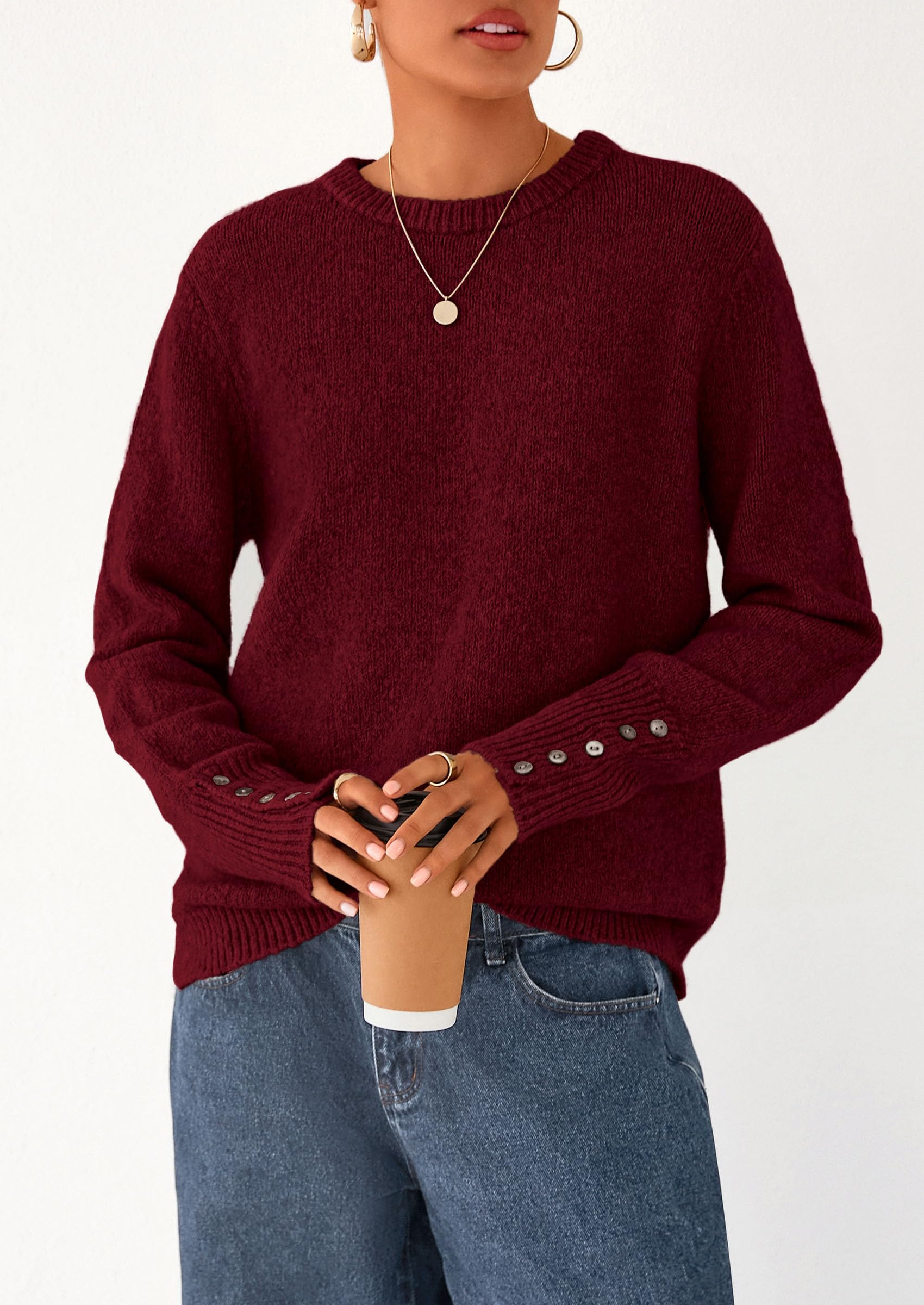 PRETTYGARDEN Womens Sweaters Fall Fashion Casual Crewneck Pullover Button Long Sleeve Cute Knit Tops Winter Clothes