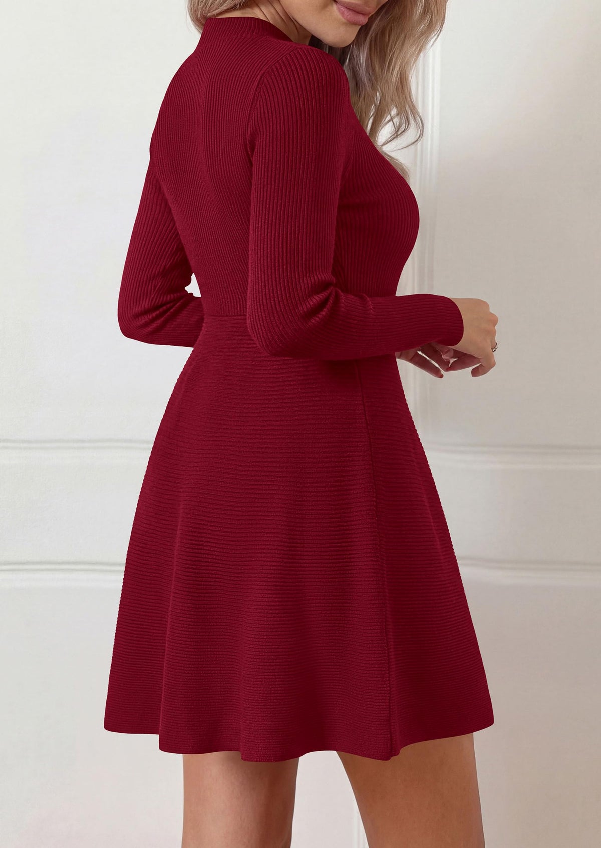 PRETTYGARDEN Womens Mock Neck Long Sleeve Sweater Mini Dress | Soft Ribbed Knit Flared A‑Line, Elegant Fall Winter Dresses for Wedding Guest, Cocktail & Holiday Party Casual Outfits