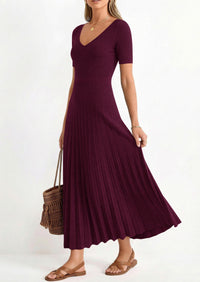 PRETTYGARDEN Women's Spring Midi Sweater Dresses Elegant Pleated Ribbed Knit Short Sleeve V Neck A Line Summer Outfits PRETTYGARDEN