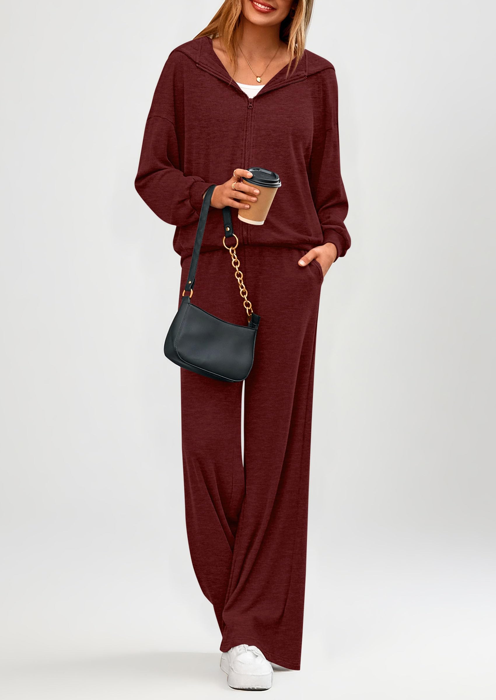 PRETTYGARDEN Women's 2 Piece Fall Lounge Sets Zip Up Hoodie Wide Leg Pants Tracksuit Matching Travel Outfits Clothes