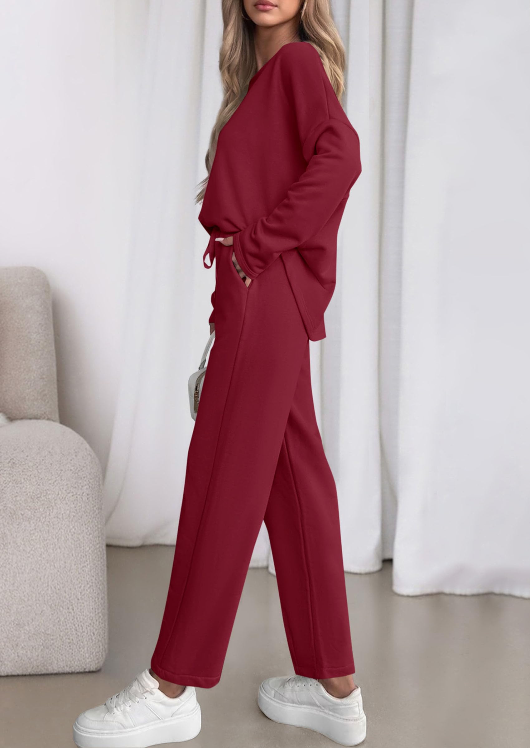 PRETTYGARDEN Womens 2 Piece Matching Lounge Sets Fall Long Sleeve Boatneck Sweatsuit Drawstring Sweatpants Pockets