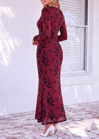 PRETTYGARDEN Women's Long Sleeve Floral Maxi Bodycon Dress  Cocktail Dresses for Wedding Guest, Square Neck, Stretchy Mesh, Elegant Classy, Formal Holiday Party, Fall Date Night Outfits