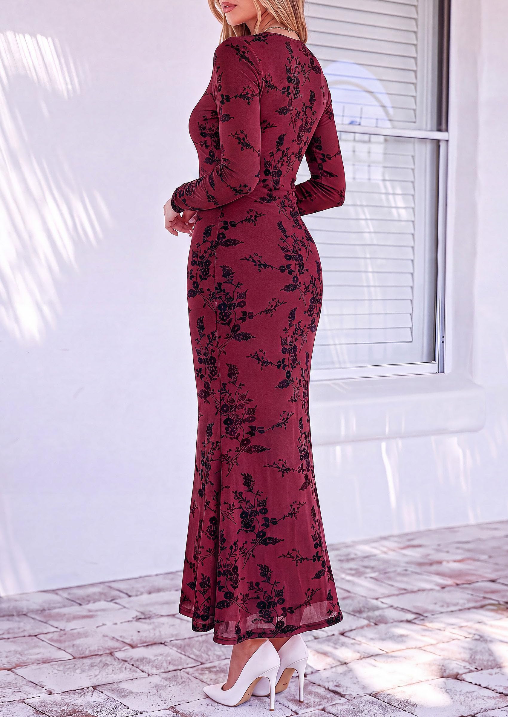 PRETTYGARDEN Women's Long Sleeve Floral Maxi Bodycon Dress  Cocktail Dresses for Wedding Guest, Square Neck, Stretchy Mesh, Elegant Classy, Formal Holiday Party, Fall Date Night Outfits