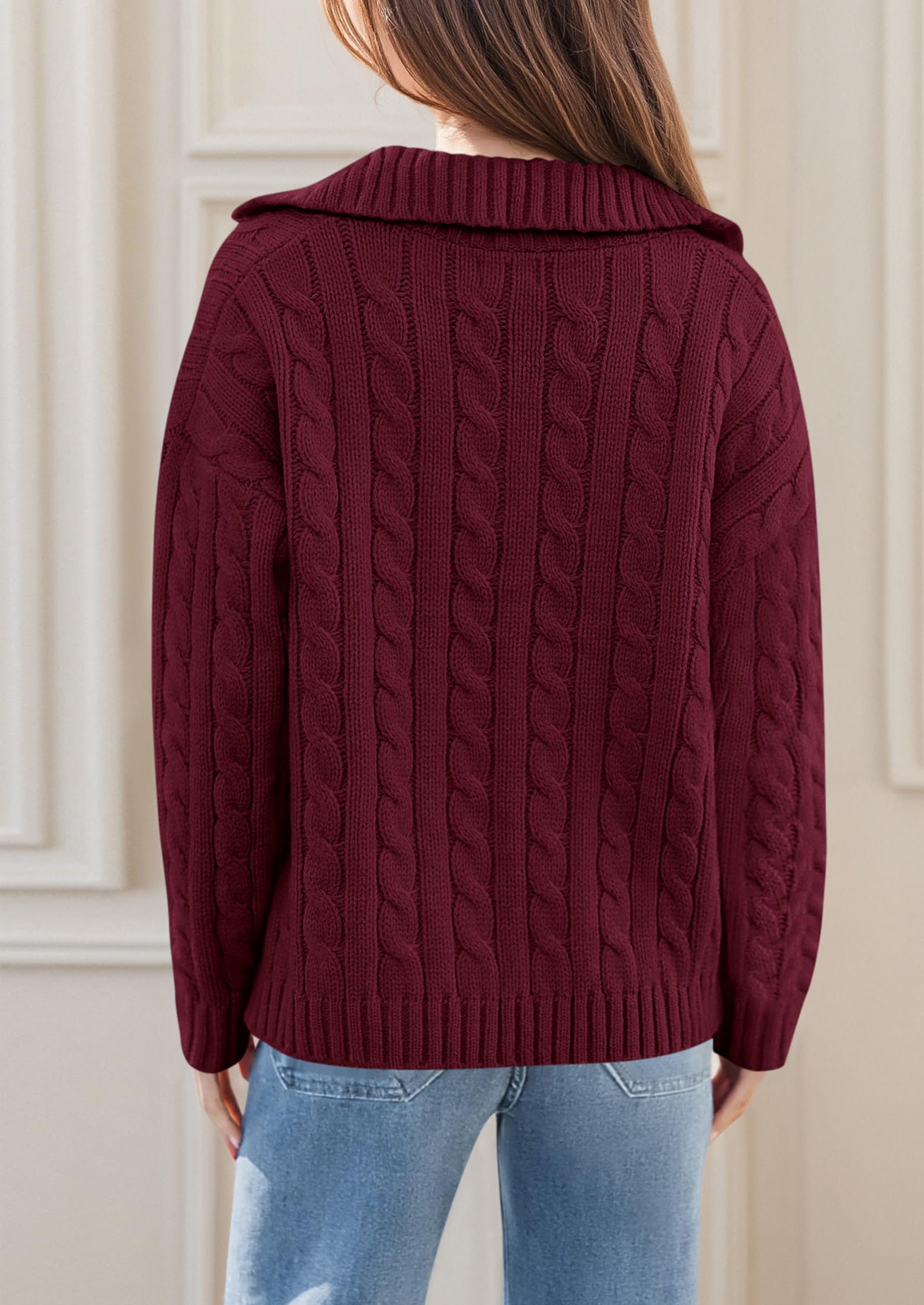 PRETTYGARDEN Fall Cable Knit Oversized Sweaters for Women Polo V Neck Long Sleeve Casual Chunky Sweater Pullover Tops PRETTYGARDEN