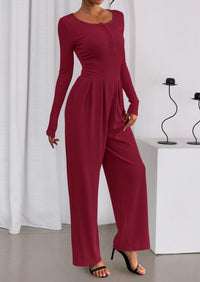 PRETTYGARDEN Jumpsuits for Women Dressy Casual Fall One Piece Outfits Long Sleeve Crew Neck Wide Leg Pants Rompers