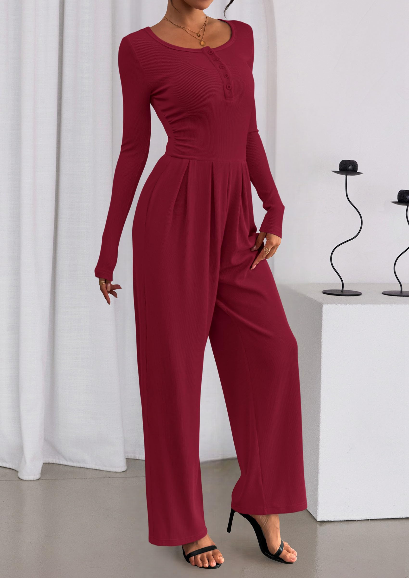 PRETTYGARDEN Jumpsuits for Women Dressy Casual Fall One Piece Outfits Long Sleeve Crew Neck Wide Leg Pants Rompers