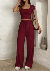 PRETTYGARDEN Women's 2 Piece Matching Lounge Sets Ribbed Short Sleeve Crop Tops Wide Leg Pants Summer Airport Outfits PRETTYGARDEN