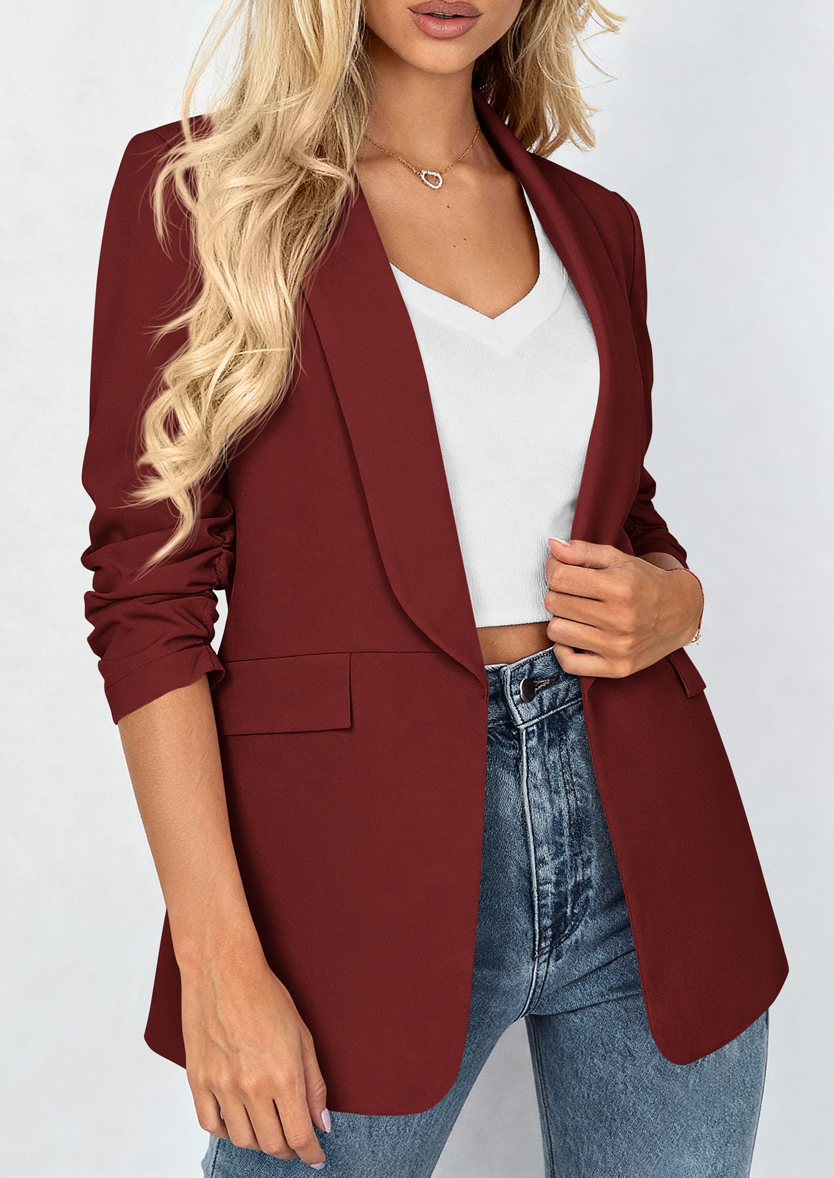 PRETTYGARDEN Women's Spring Blazers Business Casual Outfits Open Front Ruched 3/4 Sleeve Lightweight Work Suits Jackets PRETTYGARDEN
