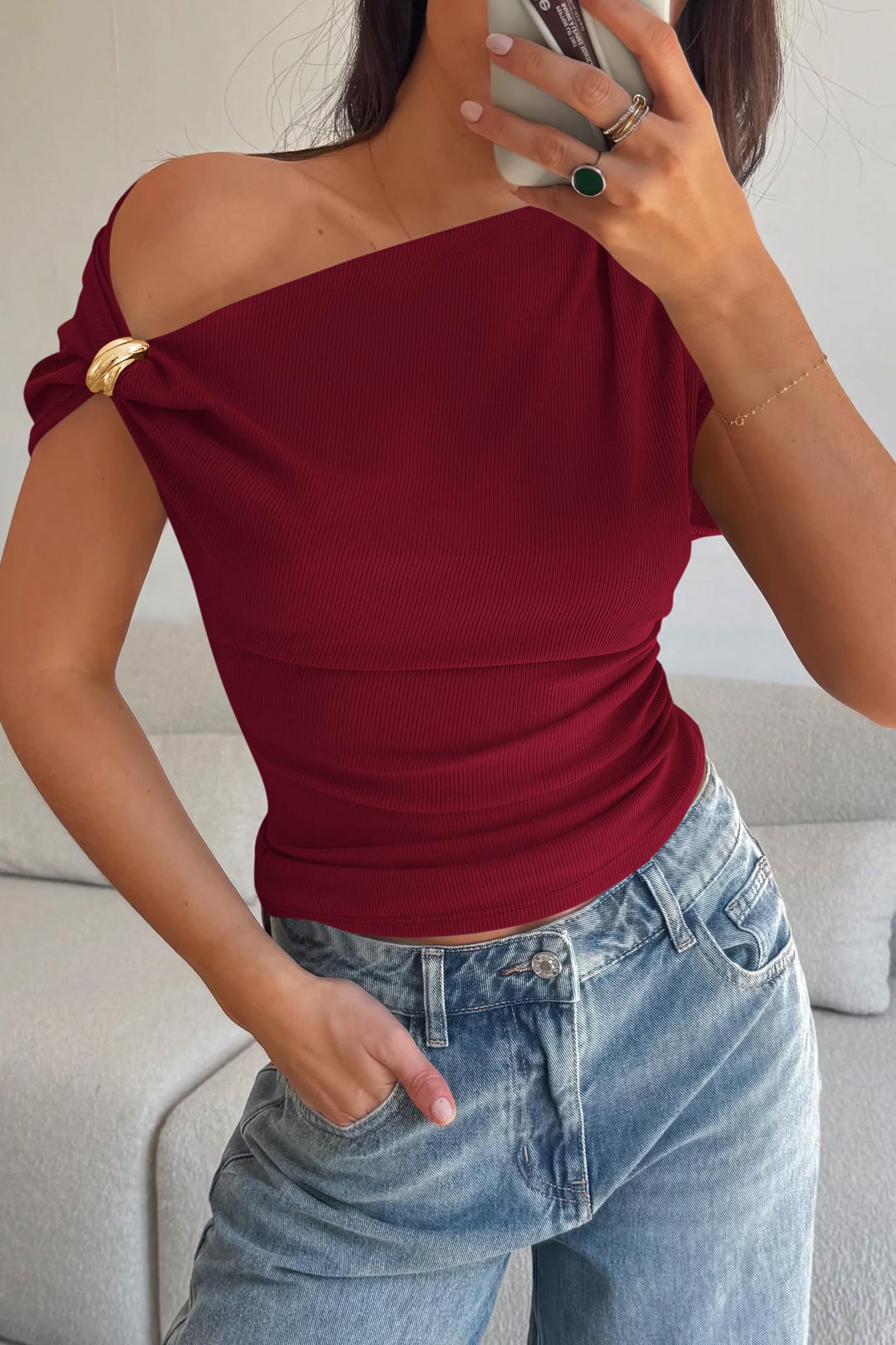 PRETTYGARDEN Womens Summer Off The Shoulder Crop Tops Ribbed Going Out Fitting T Shirts Trendy Spring Y2k Clothes PRETTYGARDEN