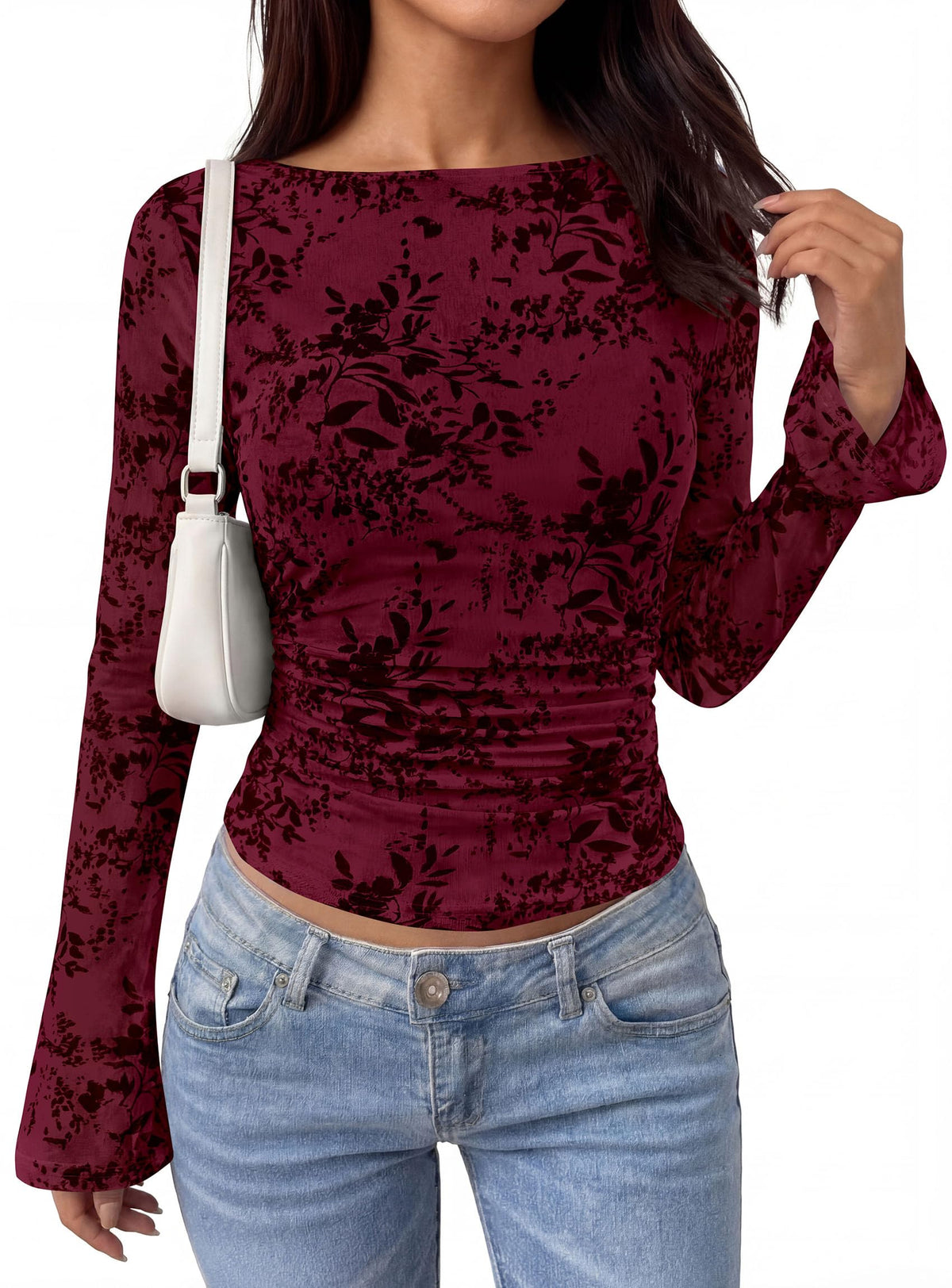 PRETTYGARDEN Women's Bell Sleeve Floral Mesh Crop Tops | Slim Fitted Shirts, Long Sleeve Going Out Top, Ruched Front, Boat Neck, Casual Blouses, Fall Date Night Outfits, Y2K Clothes